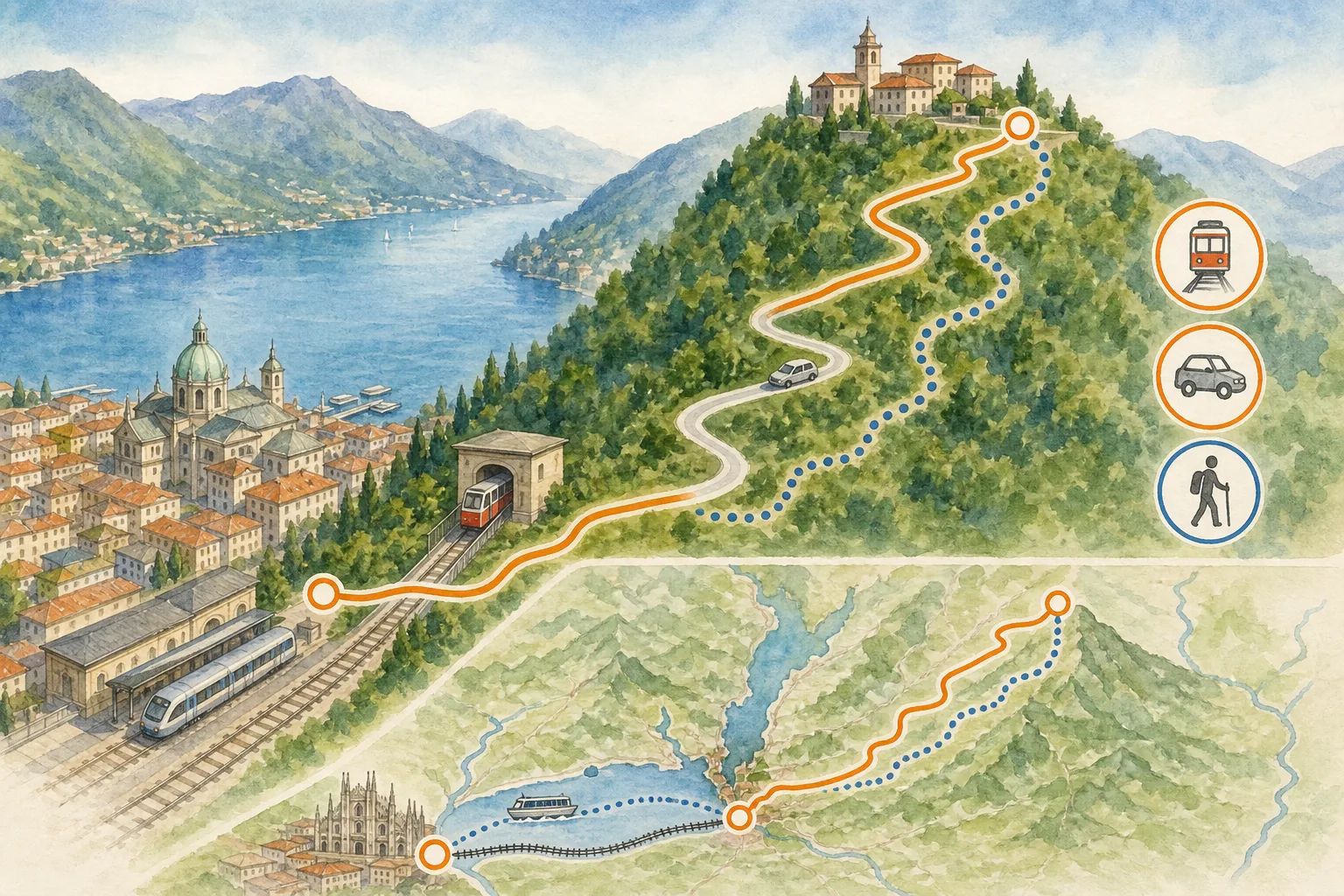 Map of transport routes to Brunate from Como and Milan.