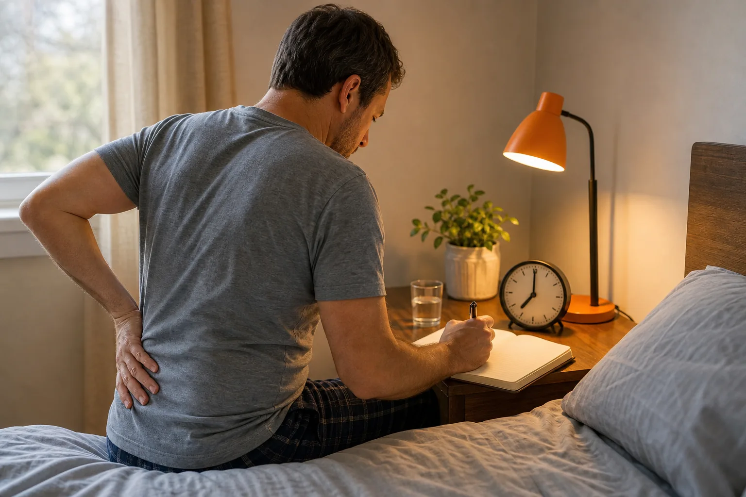 "Morning back pain log illustration"
