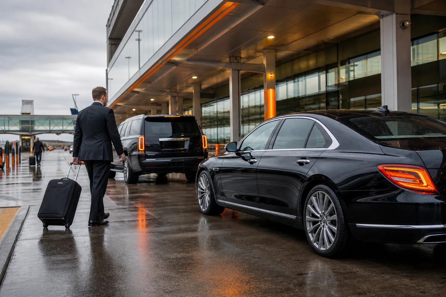 Executive sedan and SUV for luxury airport transfers at a Minneapolis airport.