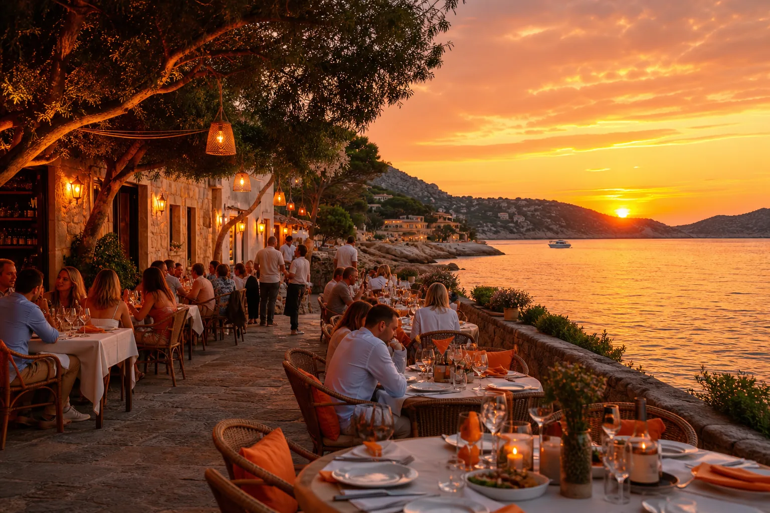 A high‑resolution photo of a bustling Mallorca restaurant patio at sunset, tables set with dishes and soft lighting