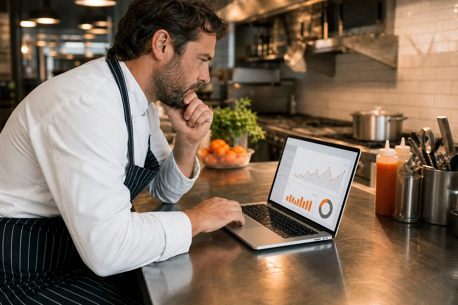 A realistic scene of a chef reviewing website analytics on a laptop in a kitchen, charts showing reservations, alt="chef