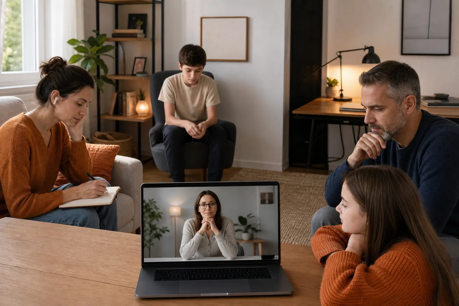 Online family therapy session with therapist on screen, multiple family members visible, calm environment.