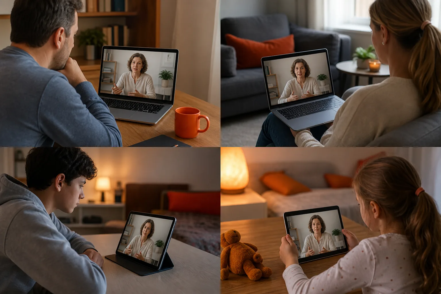 Multi‑device online family therapy with parents, teen, and child joining from different corners of a home.