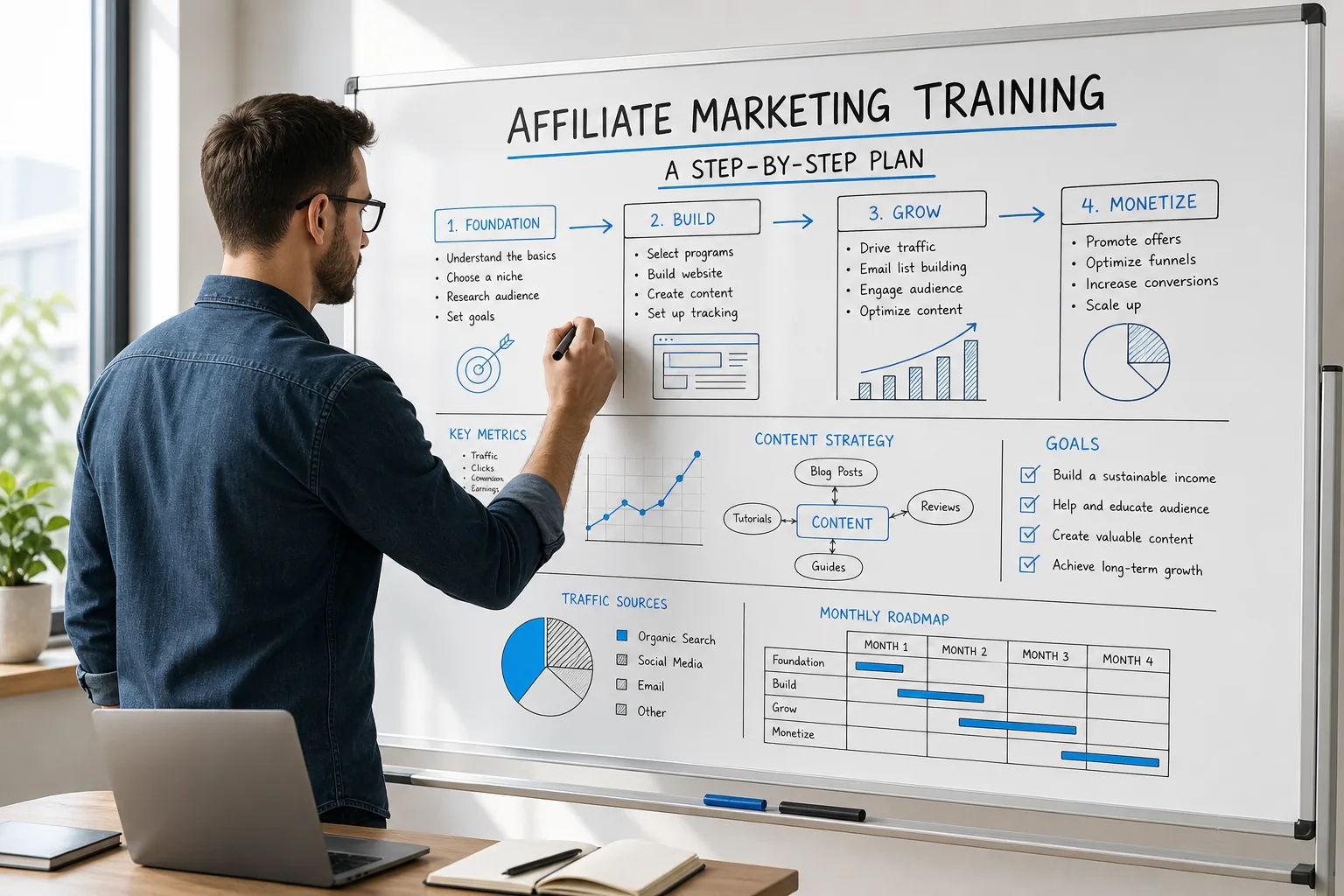 Person planning affiliate marketing training goals.