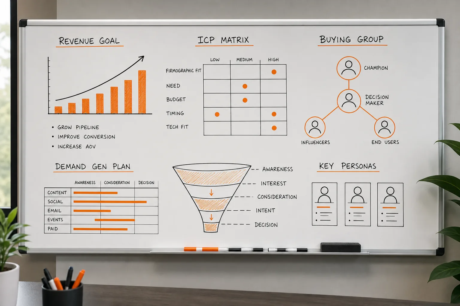 Demand generation planning board with charts and personas
