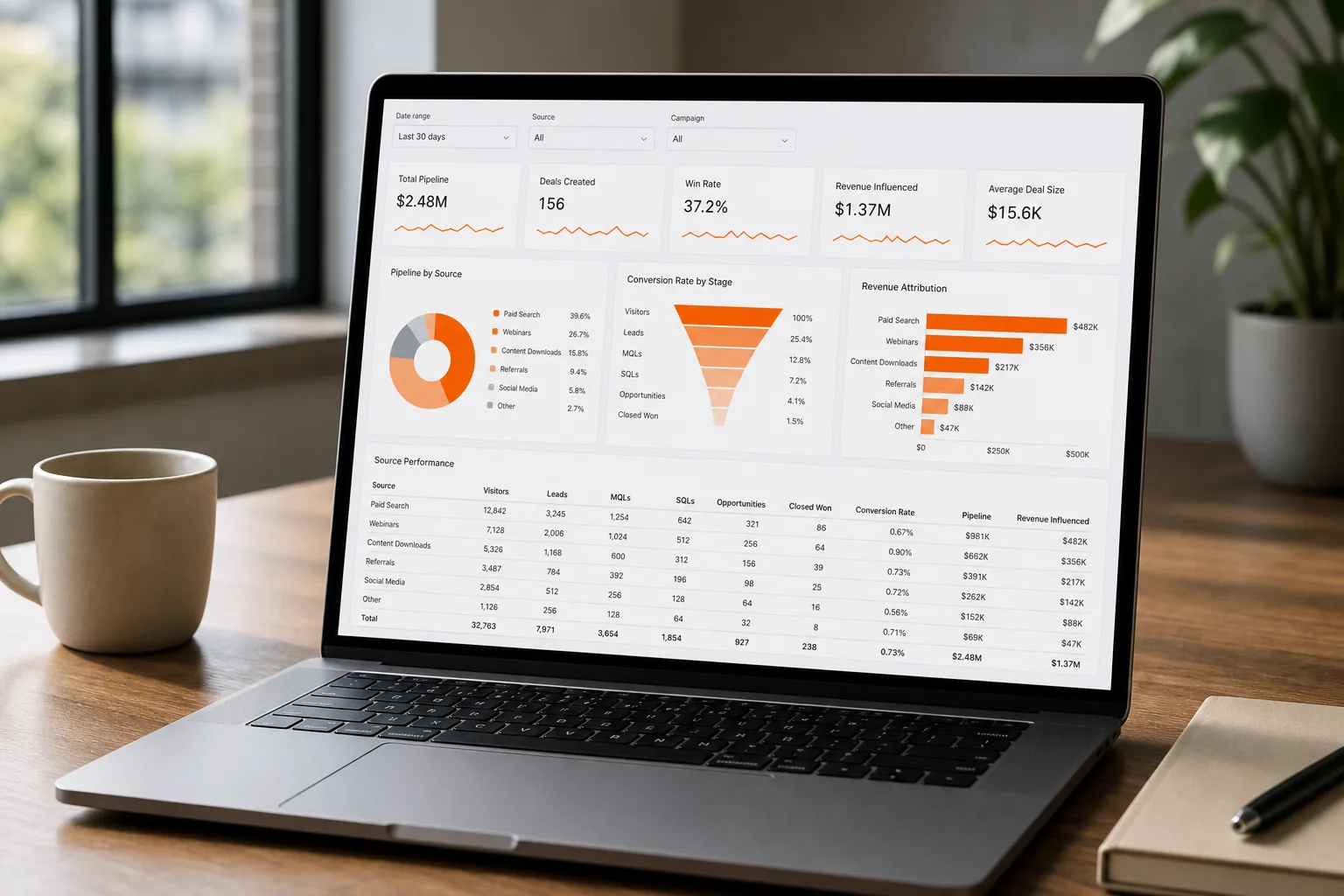 Demand gen reporting dashboard with graphs and tables