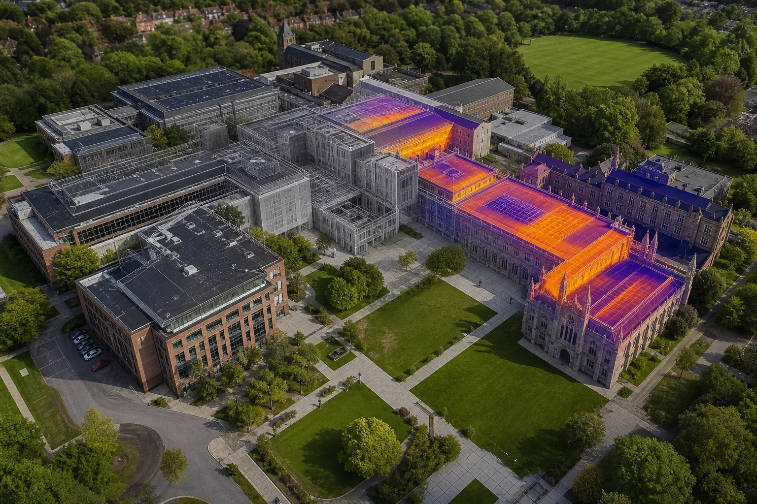 "drone mapping of a university campus showing 3D model and thermal data"