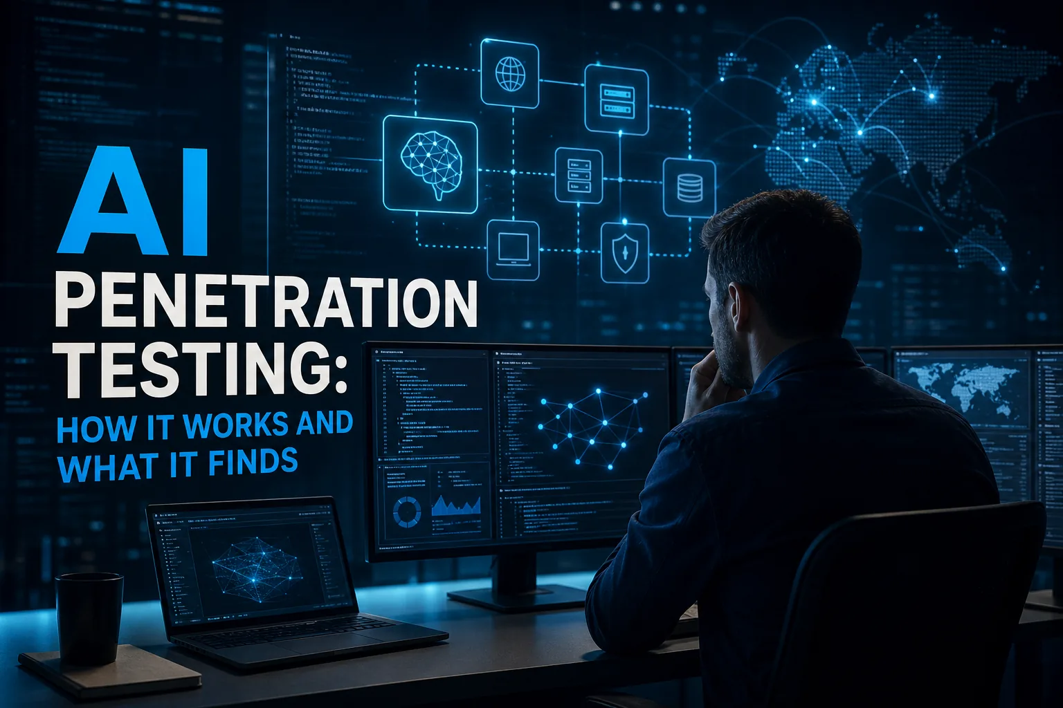 AI penetration testing visual concept showing automated scanning and human review
