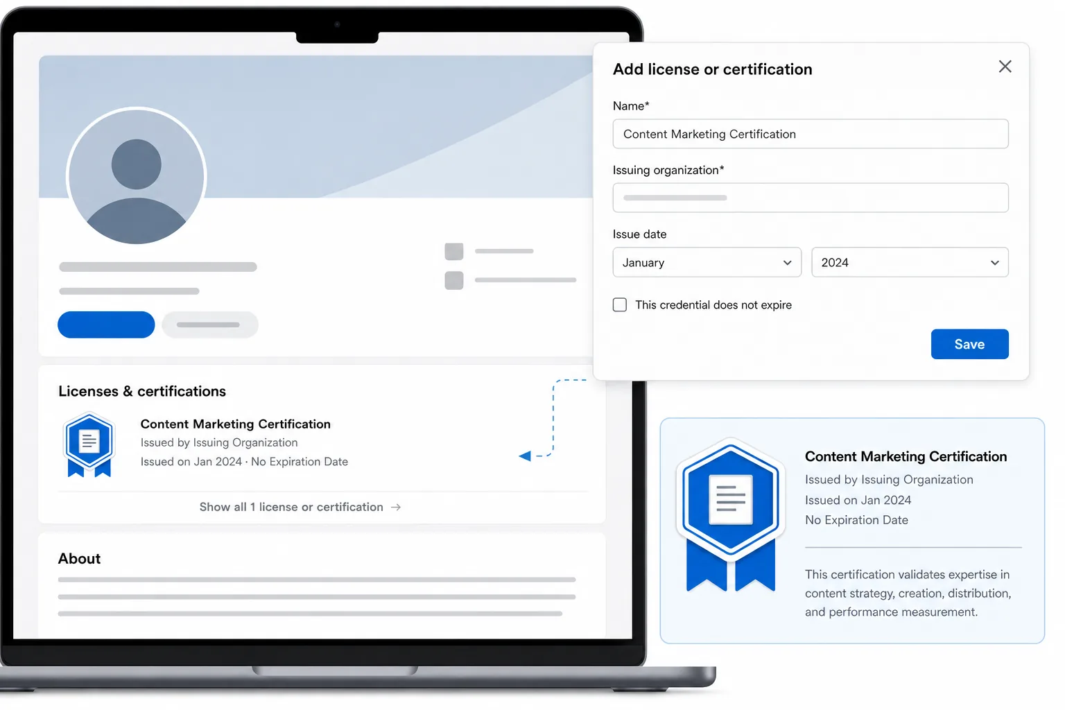 Adding a content marketing certification badge to a LinkedIn profile.