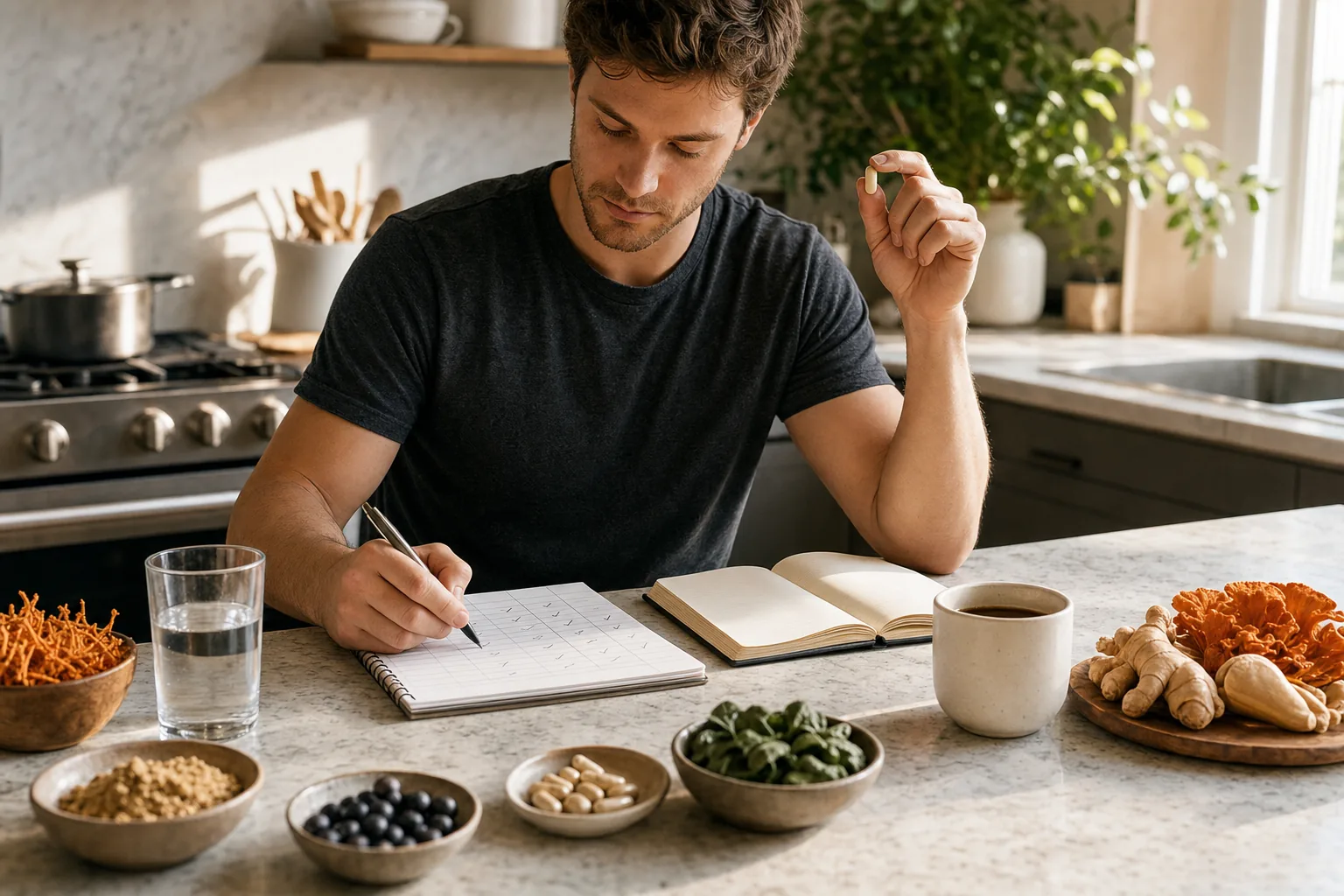 Checking stimulant intake and daily tolerance before taking a brain supplement.