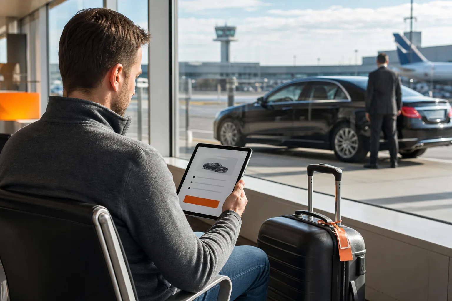 Traveler checking flat fee private transfer details at Minneapolis airport.