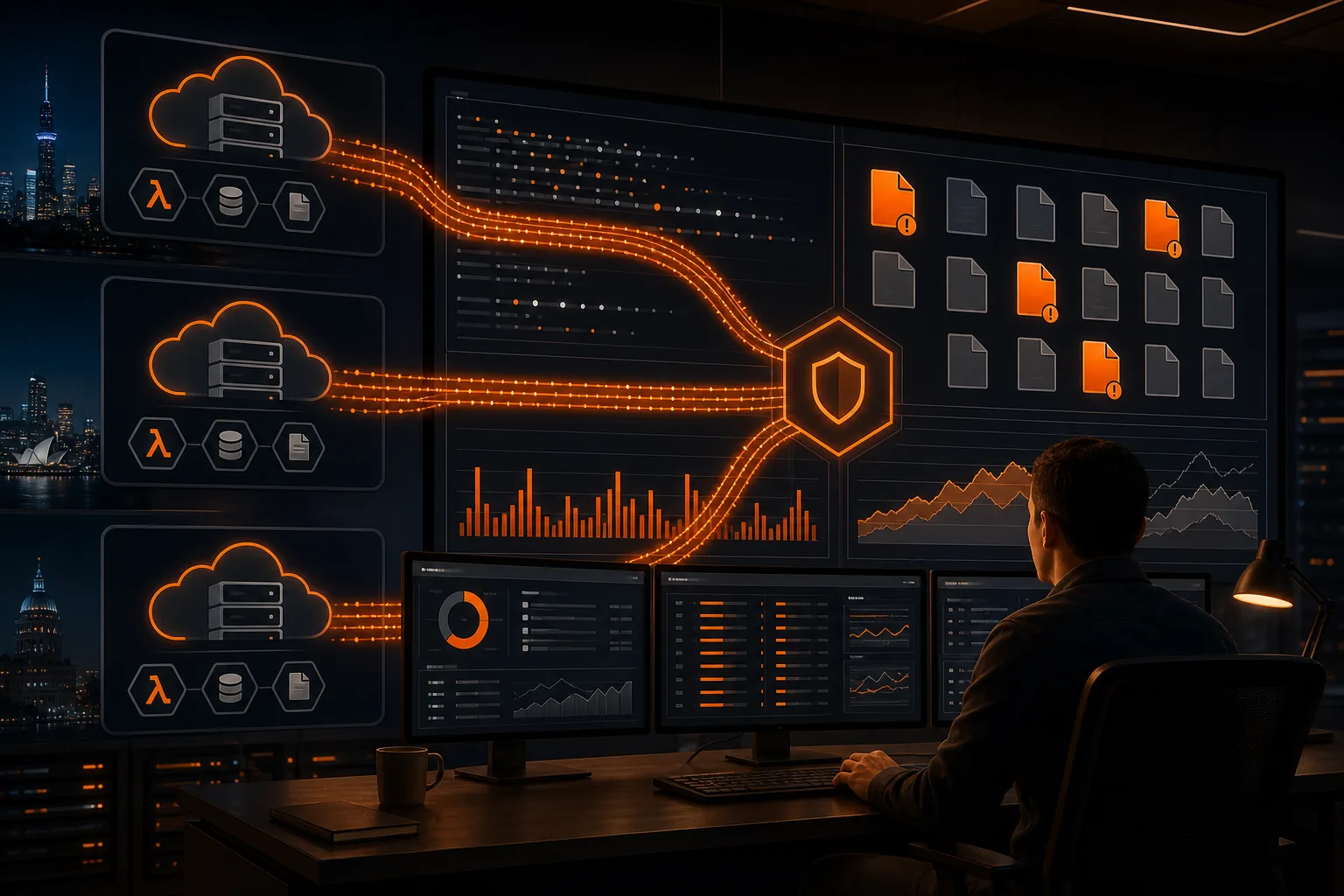Centralized serverless security monitoring with event logs and file integrity alerts