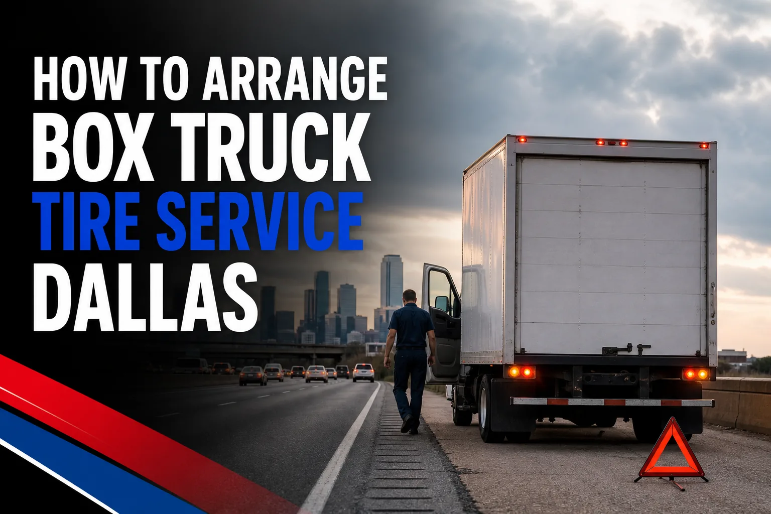 Box truck pulled over safely on Dallas highway shoulder, driver checking tire.
