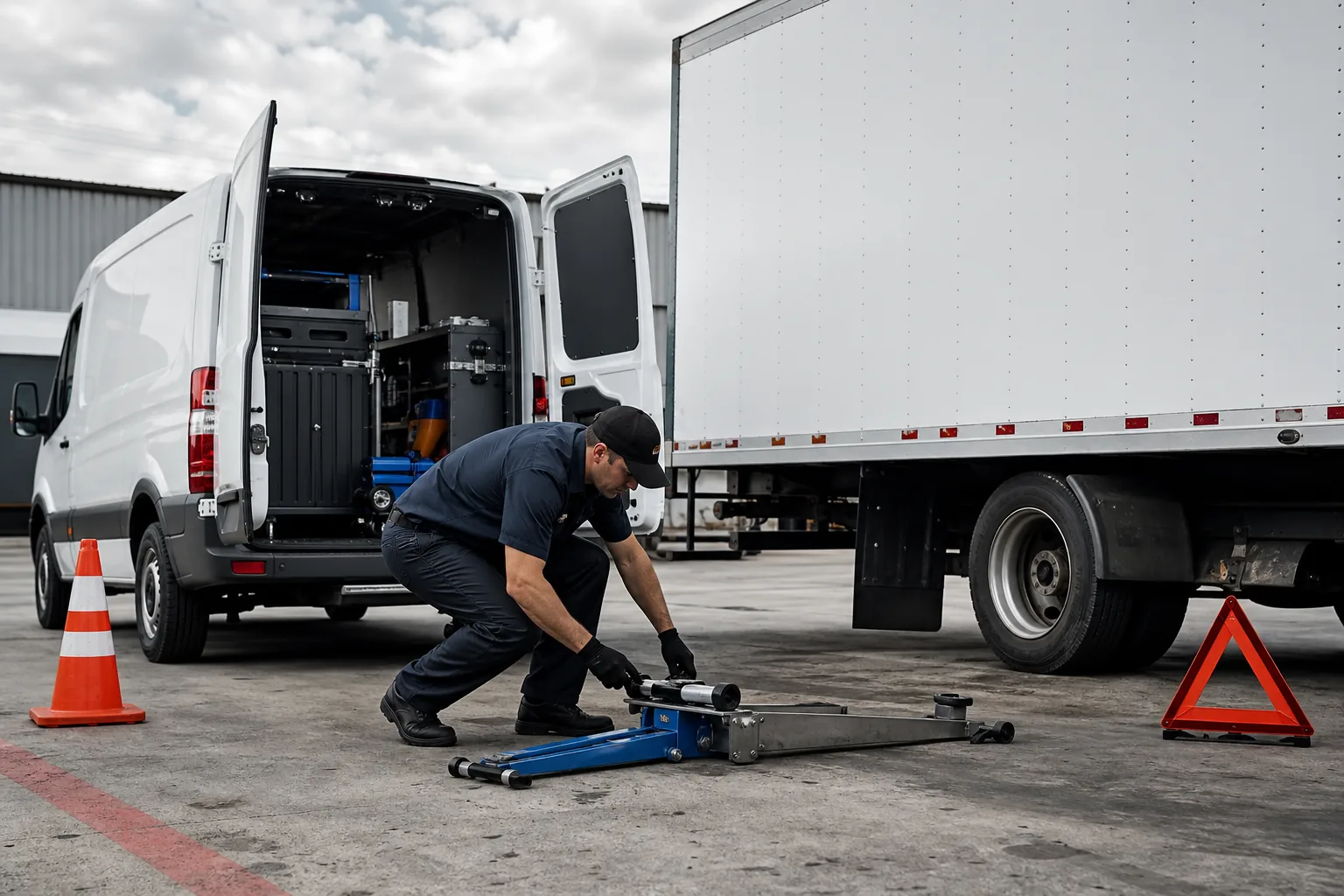Mobile tire service tech preparing equipment next to box truck in Dallas.