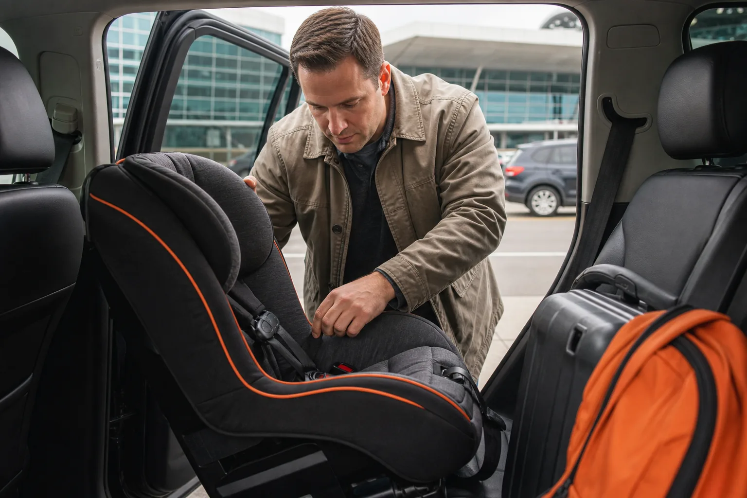 Parent checking a child seat for a Minneapolis airport pickup.