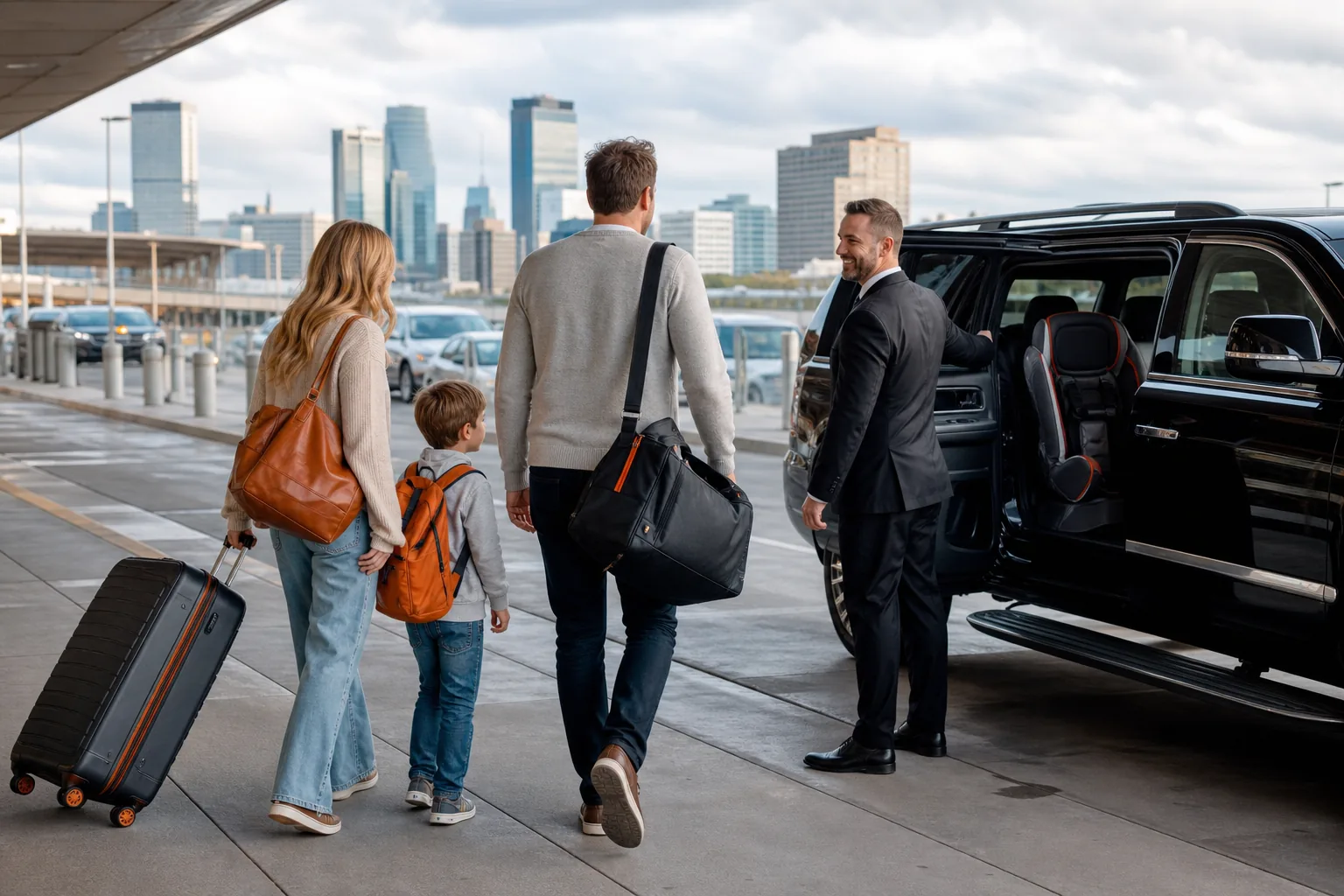 Family meeting a chauffeur for an airport pickup with a child seat.