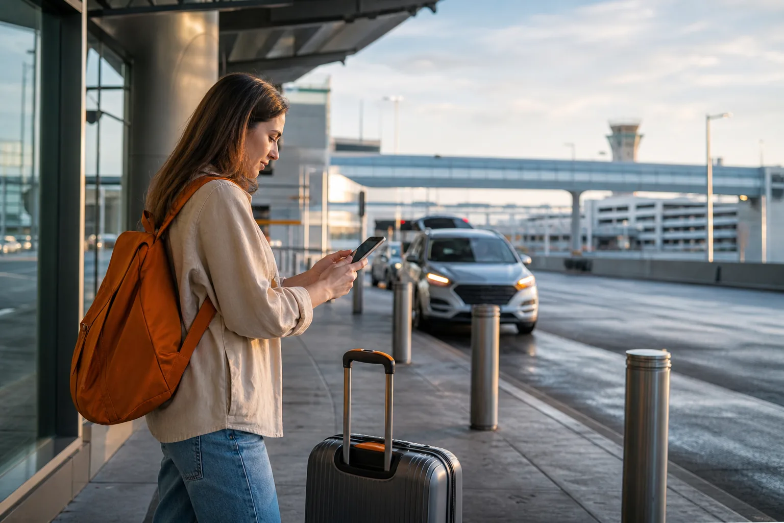 Traveler checking flight details before an airport car pickup in Minneapolis.