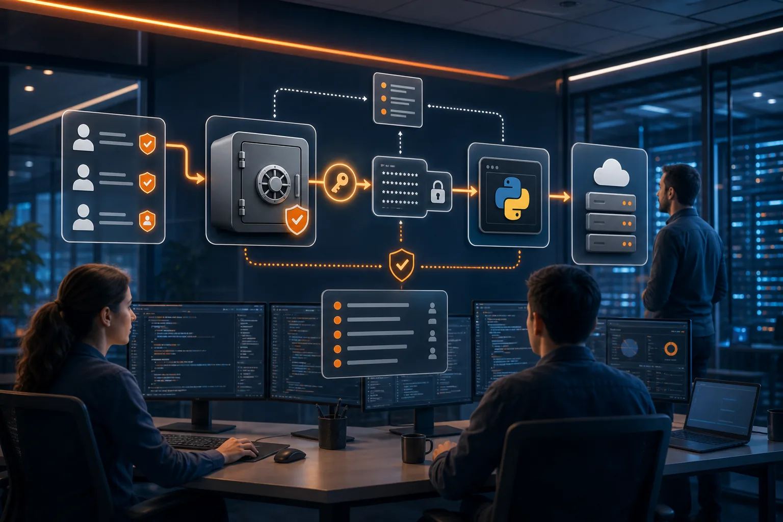 Secure Python environment variables flowing from secret management into a production deployment