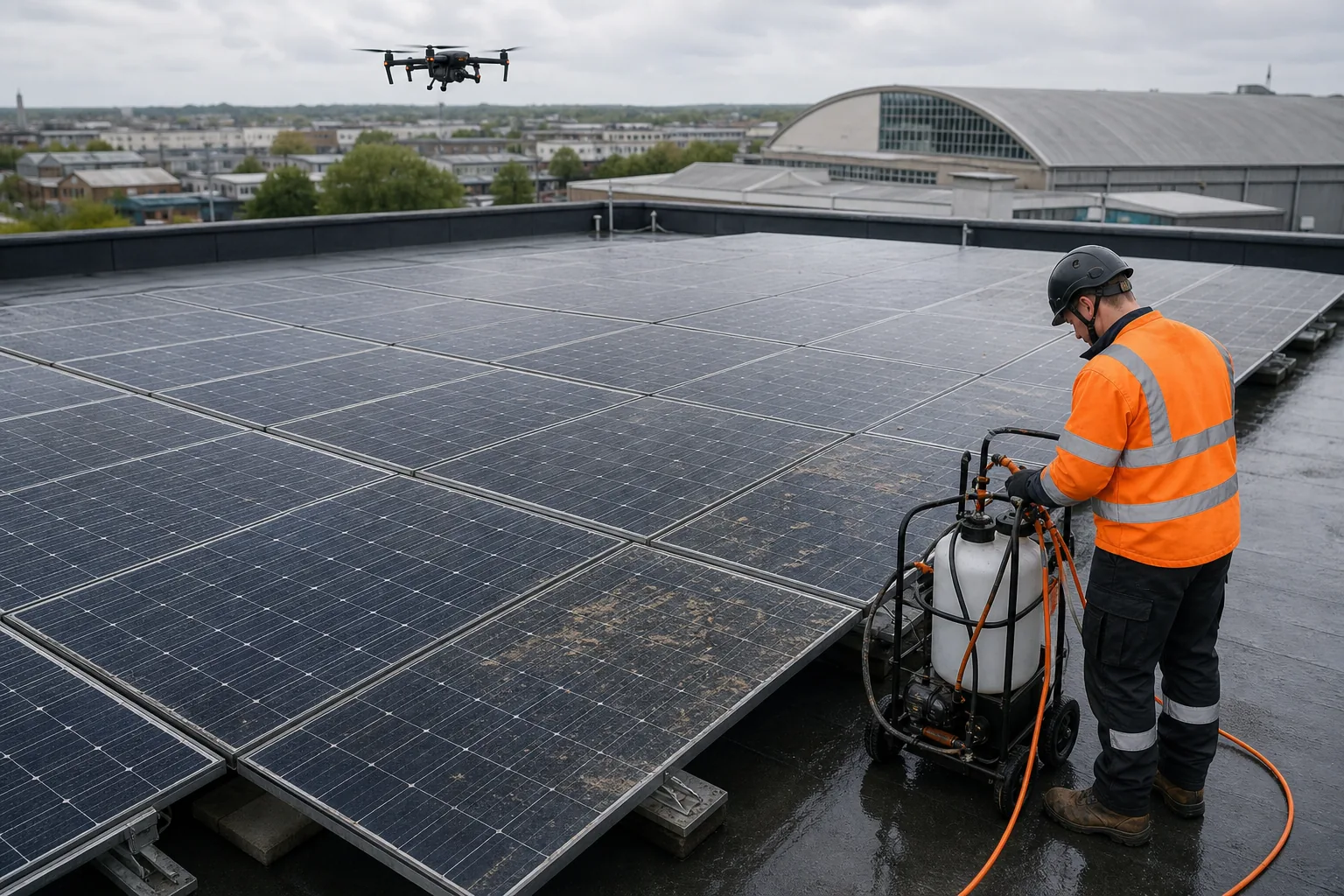 Solar panel cleaning cost assessment on a flat roof.