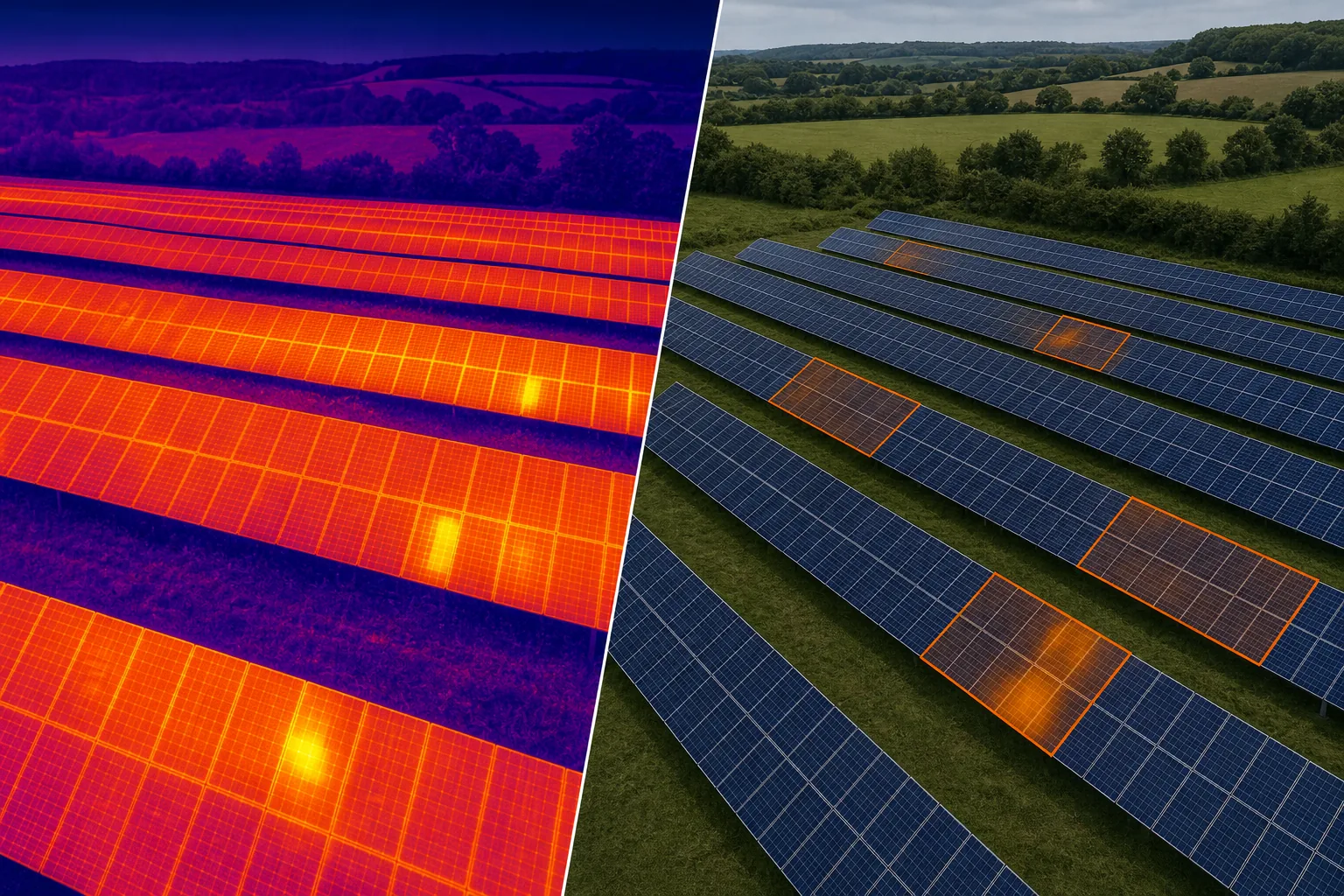 Drone thermal inspection reveals cleaning hotspots on a UK solar farm.