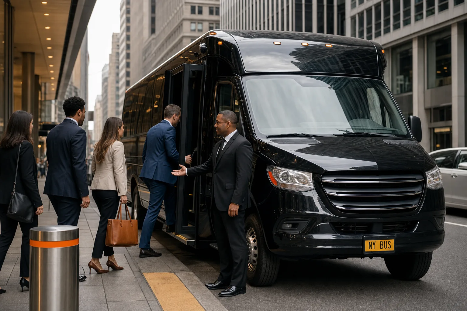 Employees boarding a shuttle bus at a New York City workplace pickup stop.