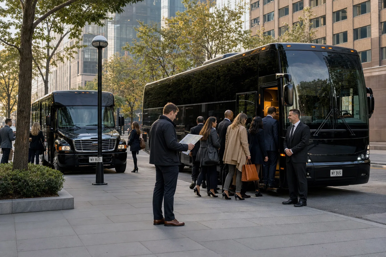 Corporate shuttle pilot launch at a New York workplace with buses and employees boarding.