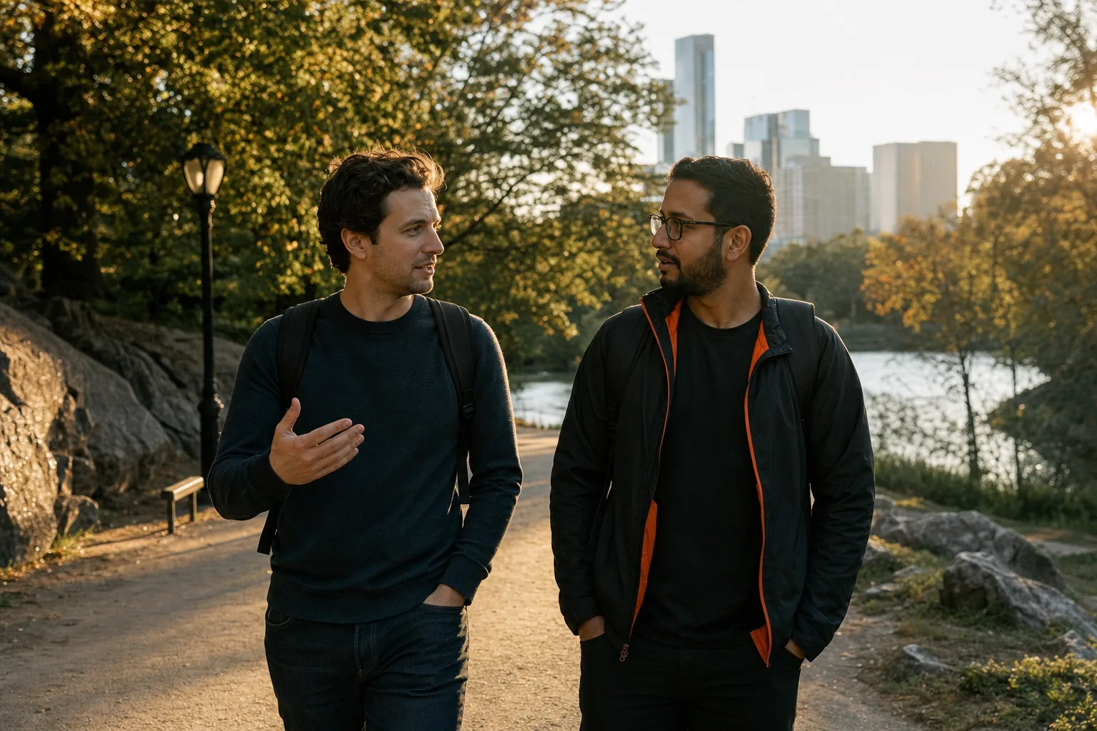 SaaS founders reconnecting during an outdoor walk in a United States park.