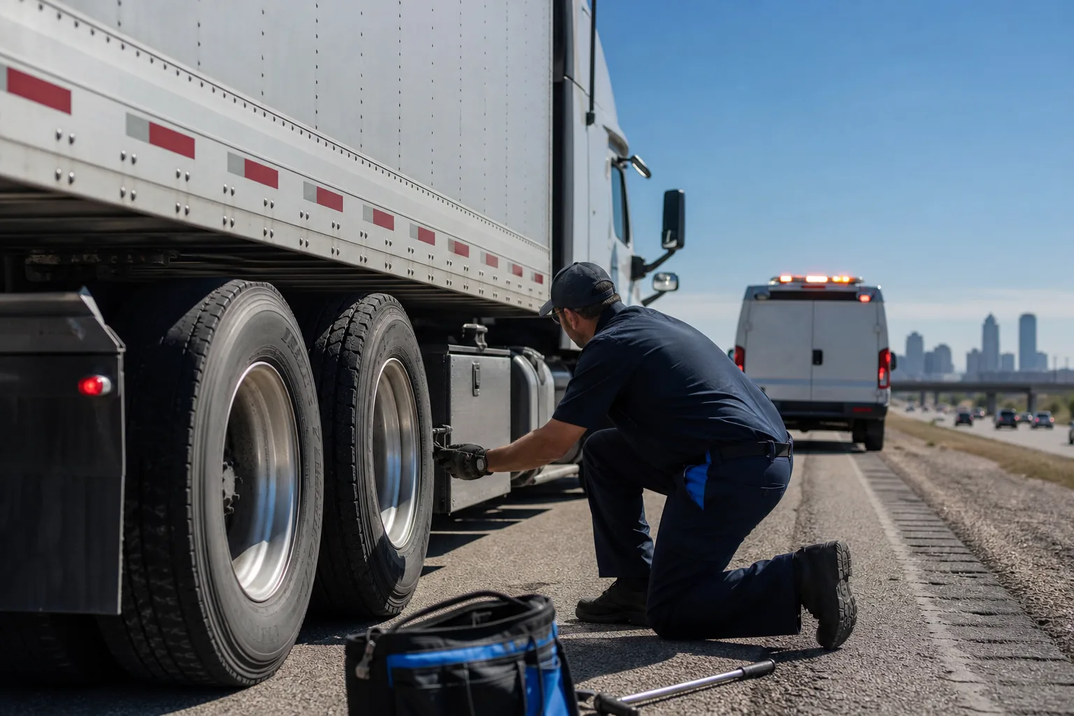 A photorealistic scene of a commercial truck pulled over on a highway shoulder in the Dallas‑Fort Worth area, hazard lights