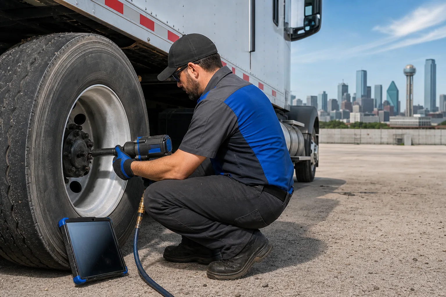 A realistic illustration of a technician tightening lug nuts on a commercial truck tire, with a digital tablet showing the