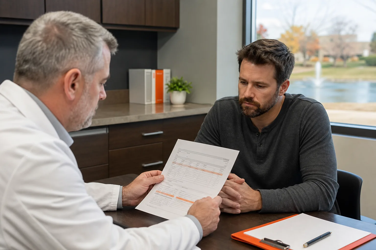 Man reviewing testosterone blood test results with a clinician in Edmond, Oklahoma.
