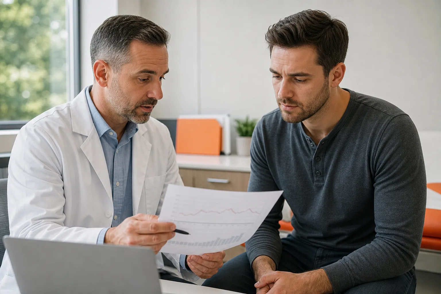 Man discussing follow-up testosterone lab results with a clinician.