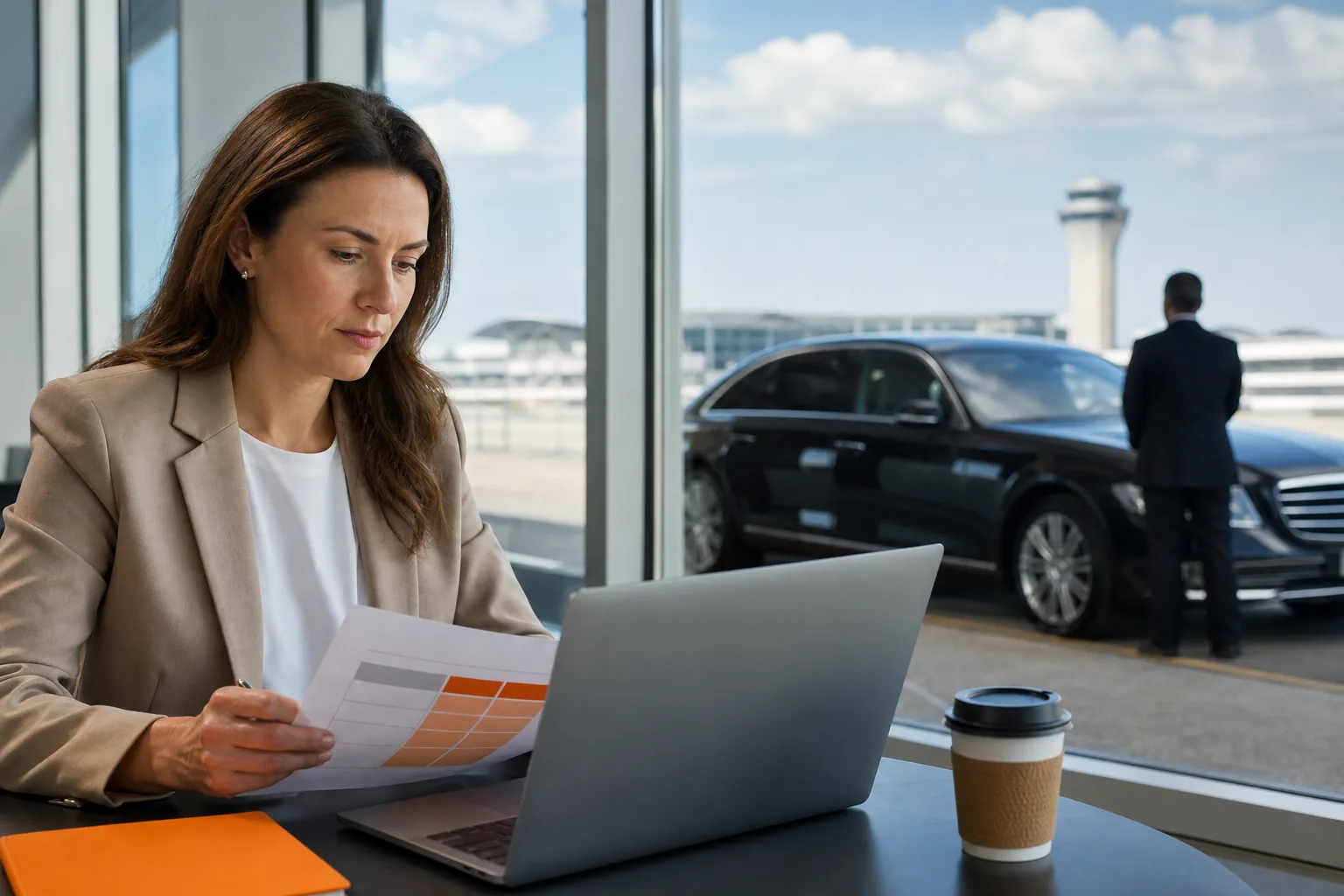 Business traveler comparing private car service loyalty program options in Minneapolis.