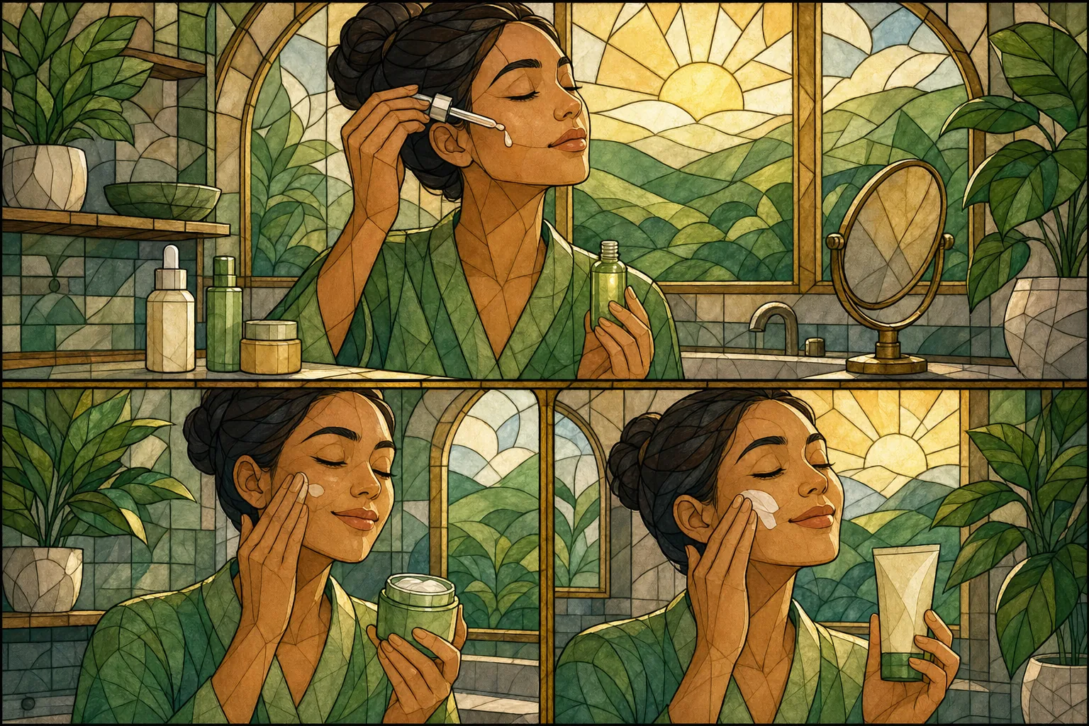 Stained glass morning skincare routine with vitamin C serum and sunscreen