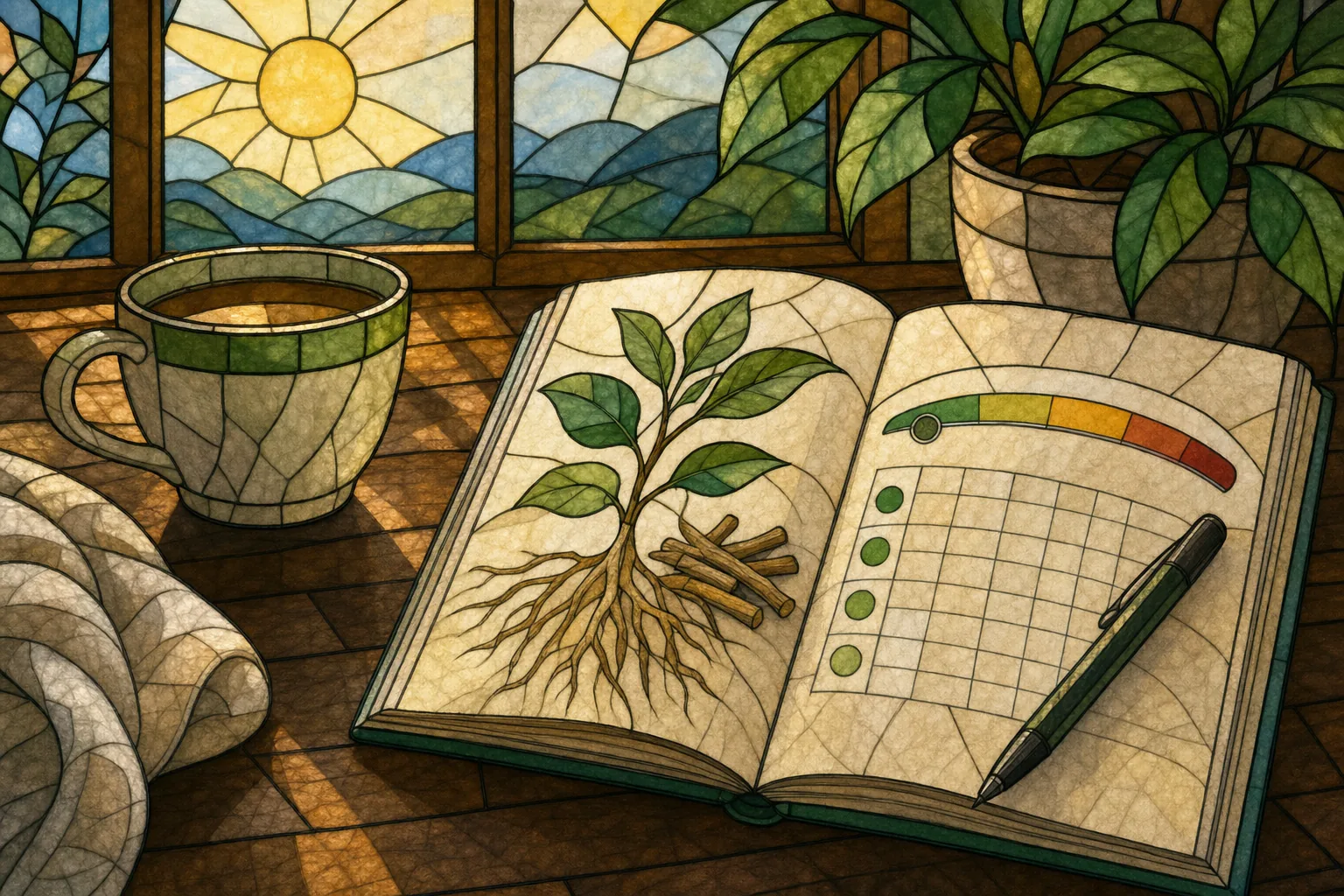 Tracking ashwagandha stress relief response in a daily wellness journal.