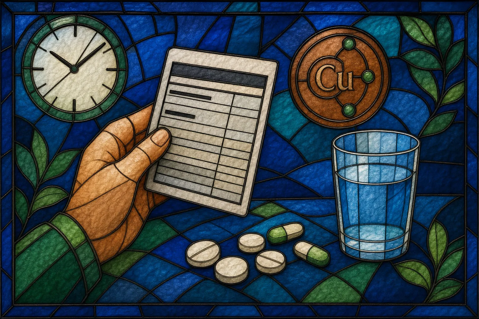 Stained glass zinc supplement safety infographic with dosage and medicine interaction symbols.