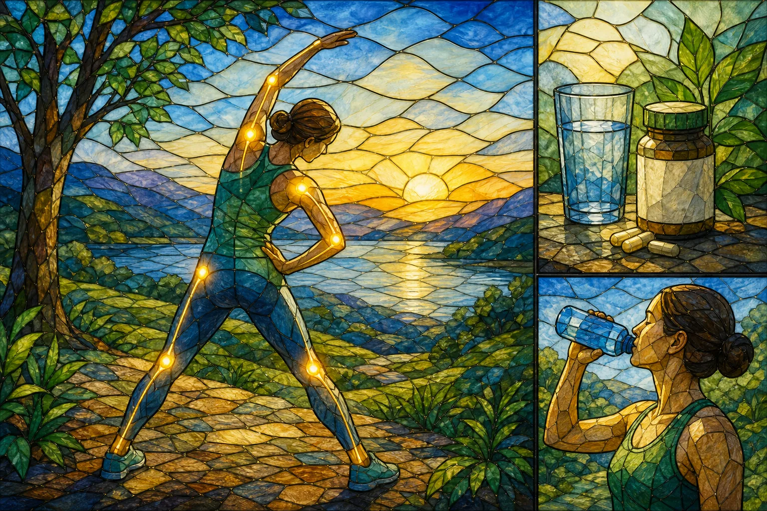 Usable joint‑health routine illustration showing exercise, supplement, and hydration