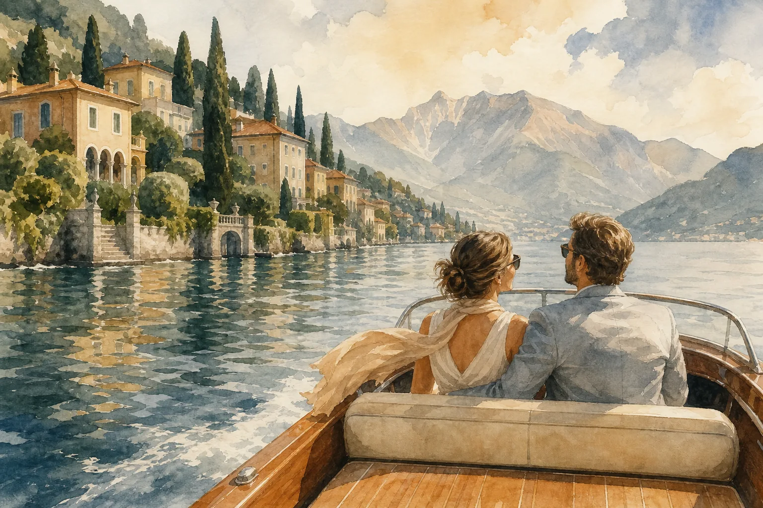 romantic boat ride on Lake Como watercolor