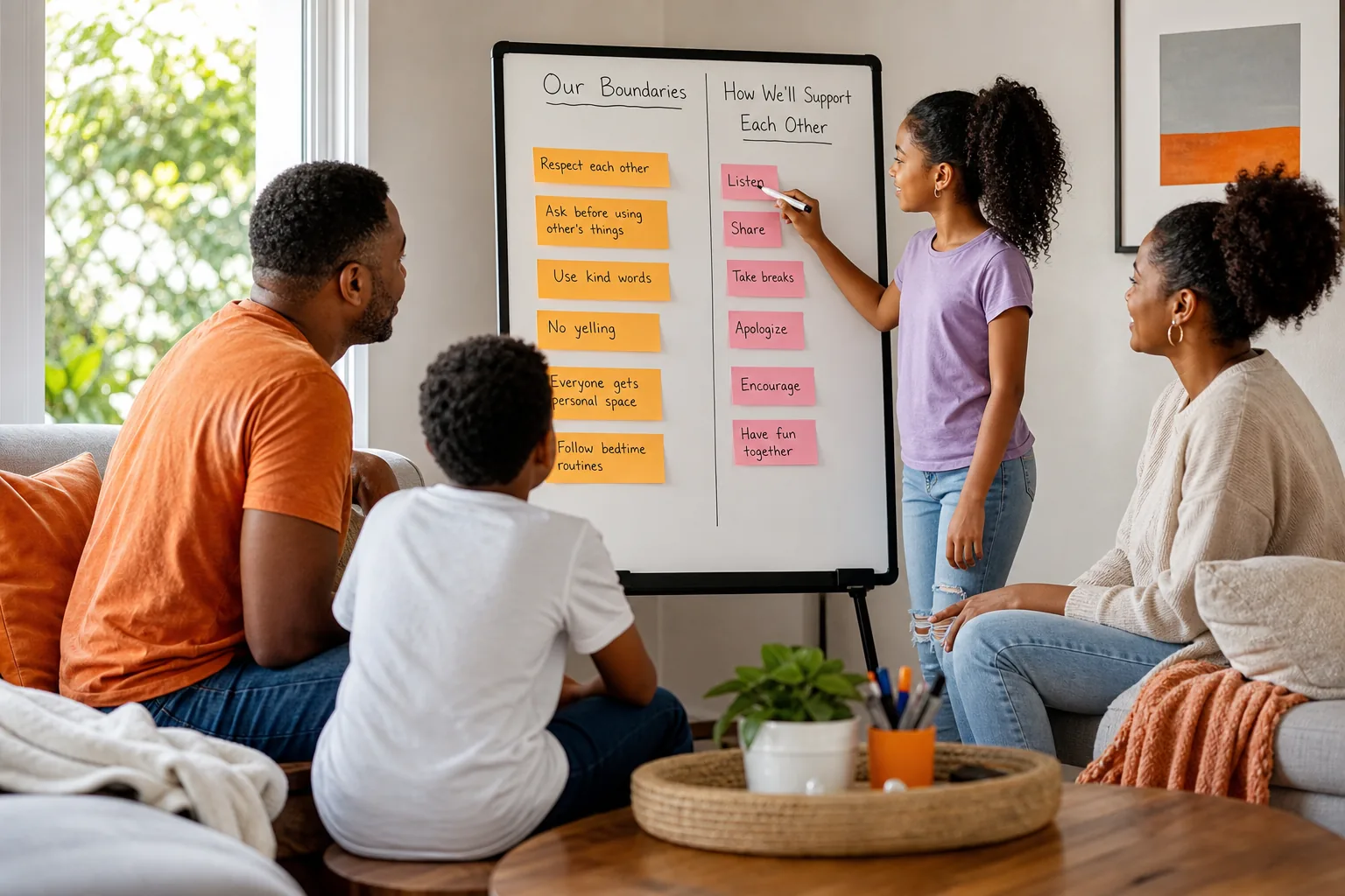 Family creating cooperative plan with visual aids