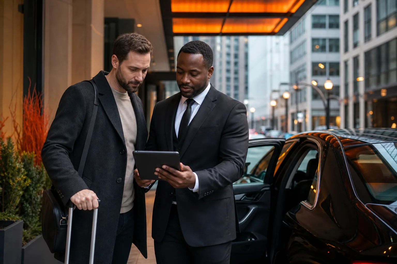 Traveler confirming a private car payment policy before a Minneapolis ride.