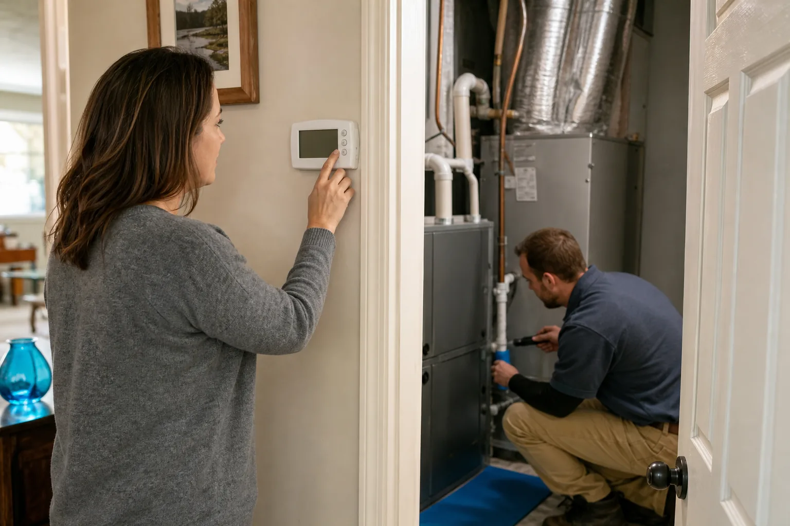 Homeowner and technician checking HVAC warning signs in an Auburn home.
