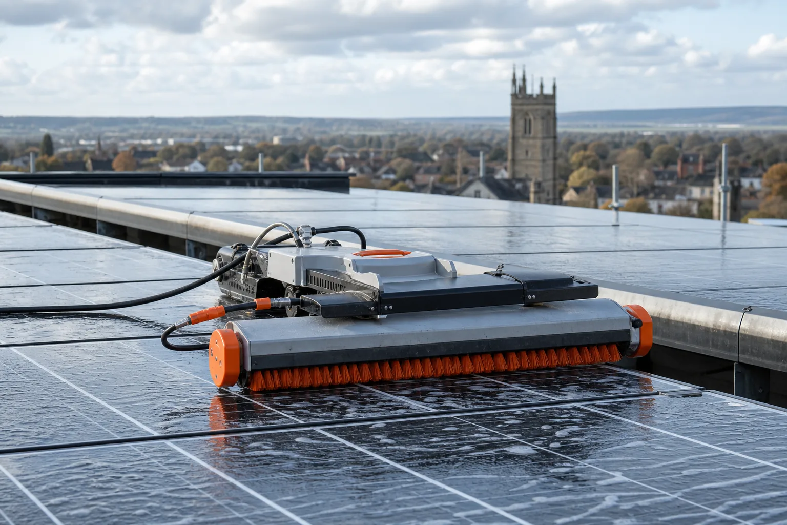 Solar panel cleaning robot moving across a row of panels