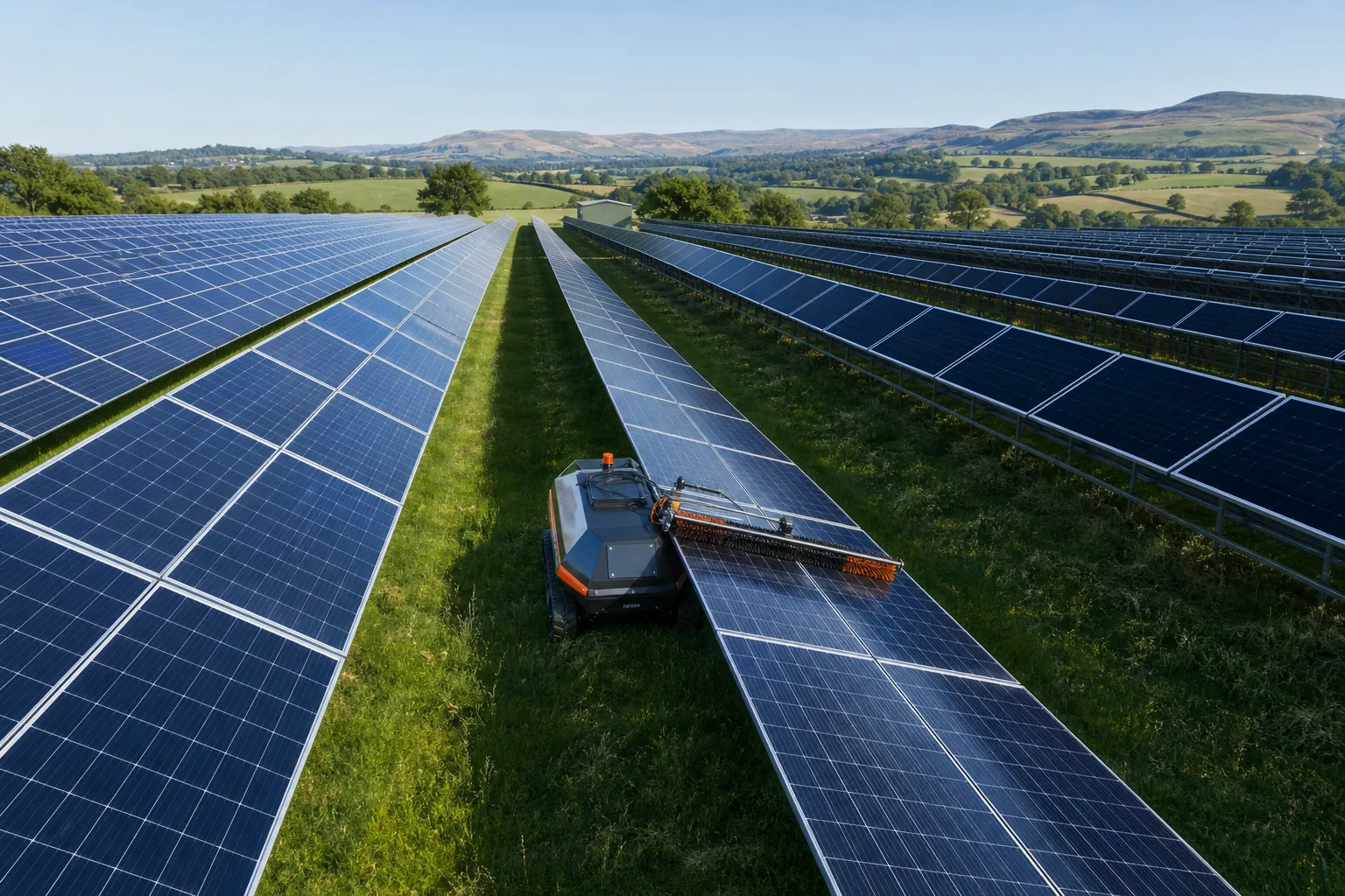 Solar panel cleaning robot on a UK photovoltaic farm
