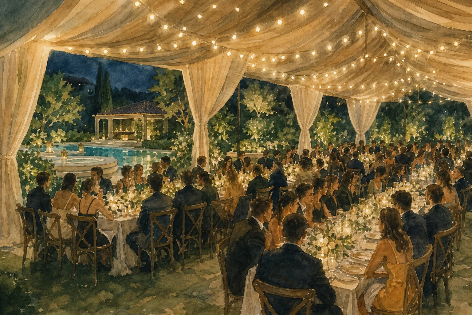 Large group dinner at Villino Rubini garden