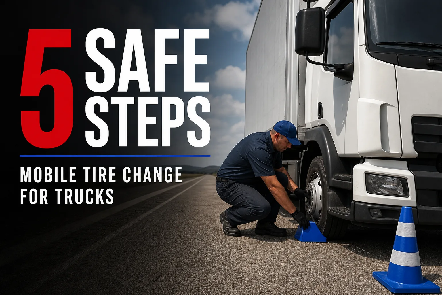 Mobile tire change for trucks step 1: move to a safe place and secure the truck