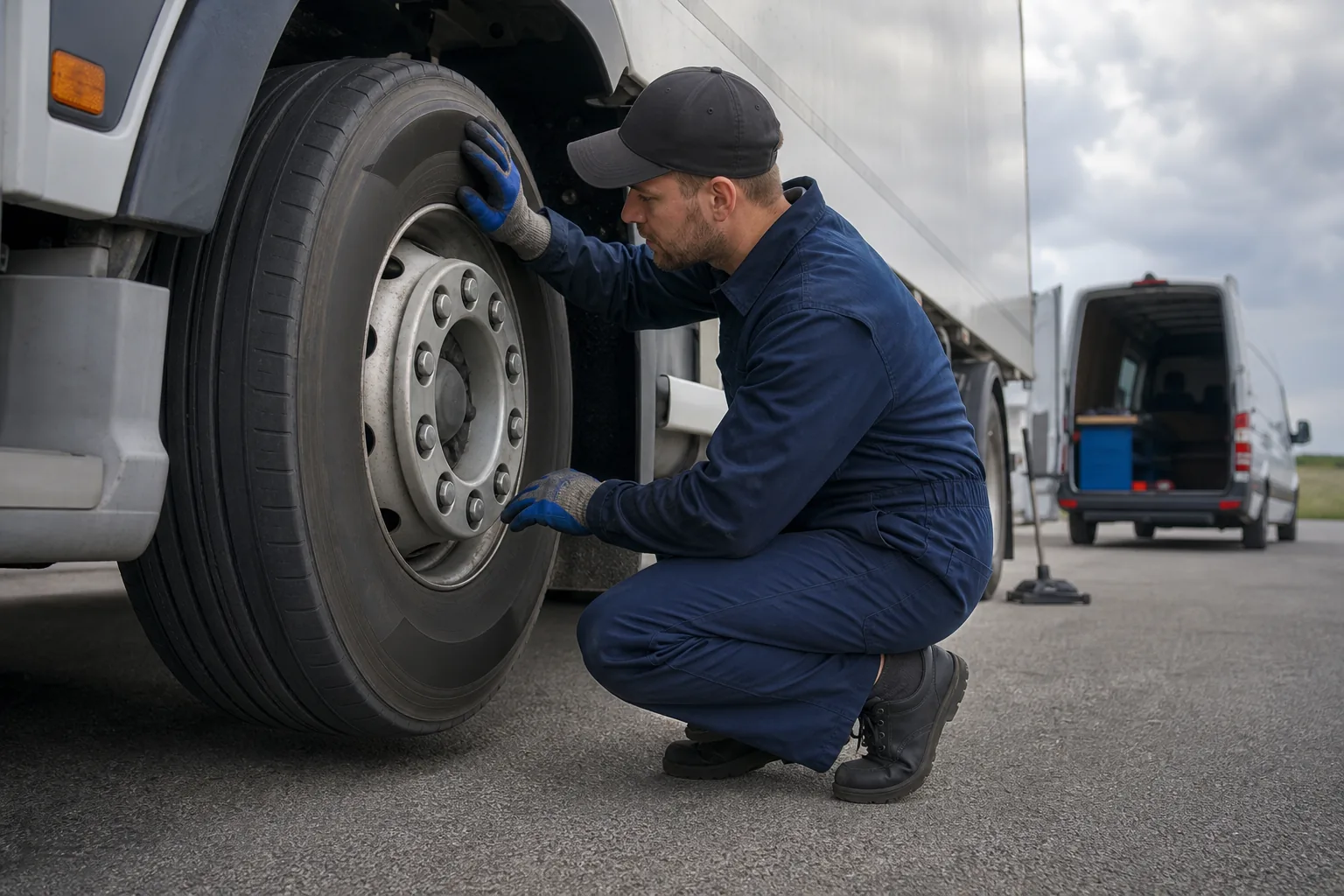 Mobile tire change for trucks step 5: confirm the tire change is complete before returning to the route