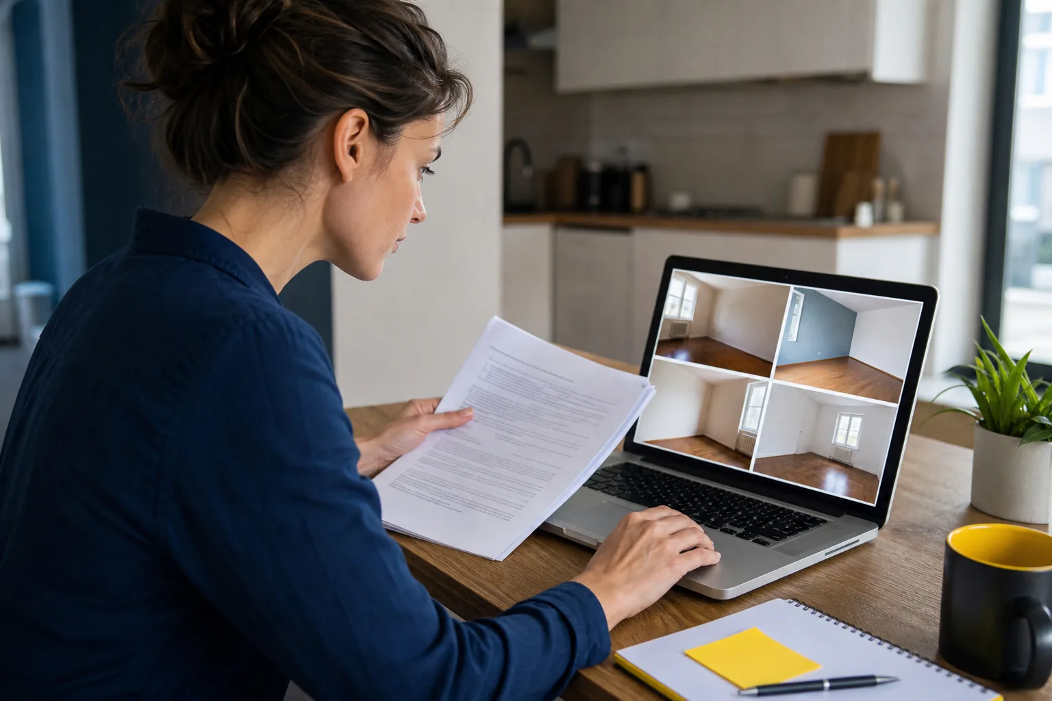 "renter reviewing lease and move‑in photos for redecorating fee"