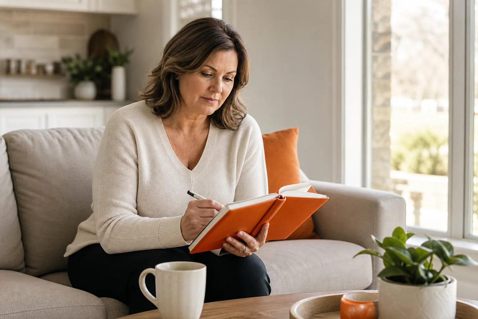 Woman over 45 preparing health history for a medical weight loss program in Edmond, Oklahoma.