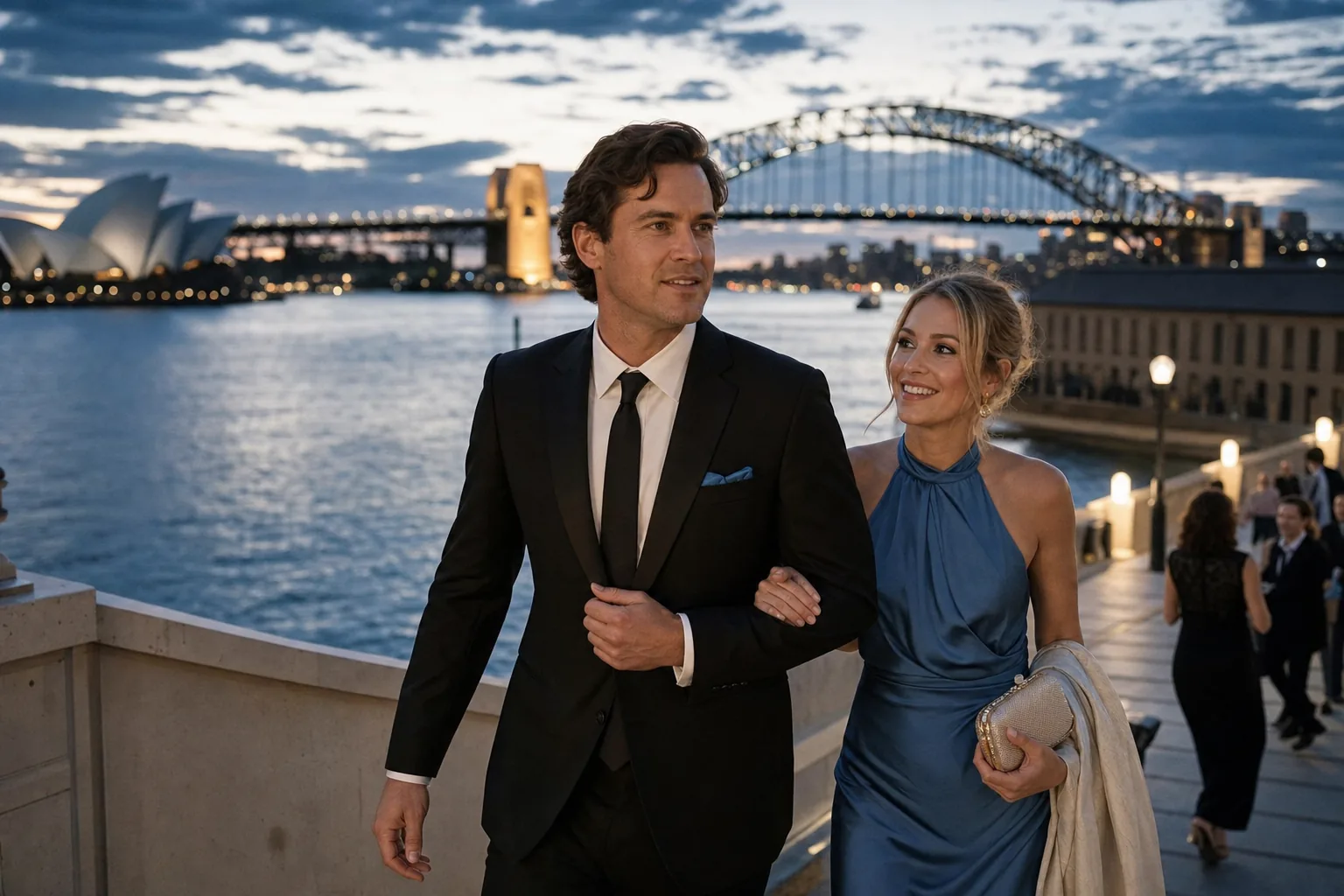 Companion and guest planning a Sydney film premiere after party beside Sydney Harbour.
