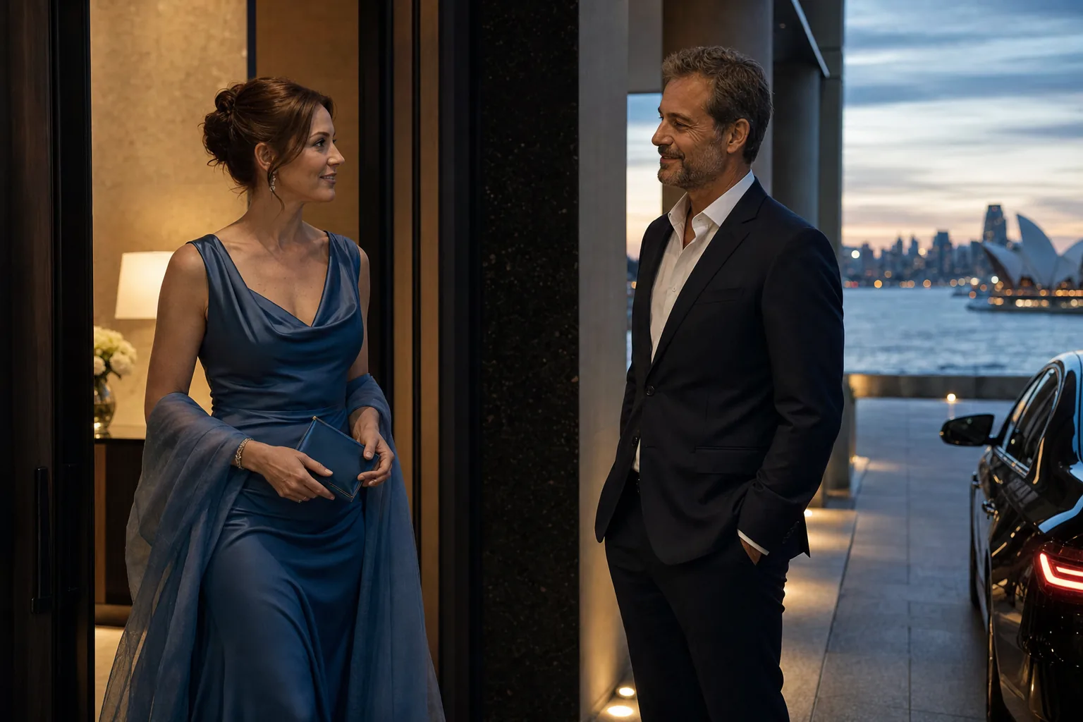 Event-appropriate attire and a discreet meeting point for a Sydney film premiere companion.