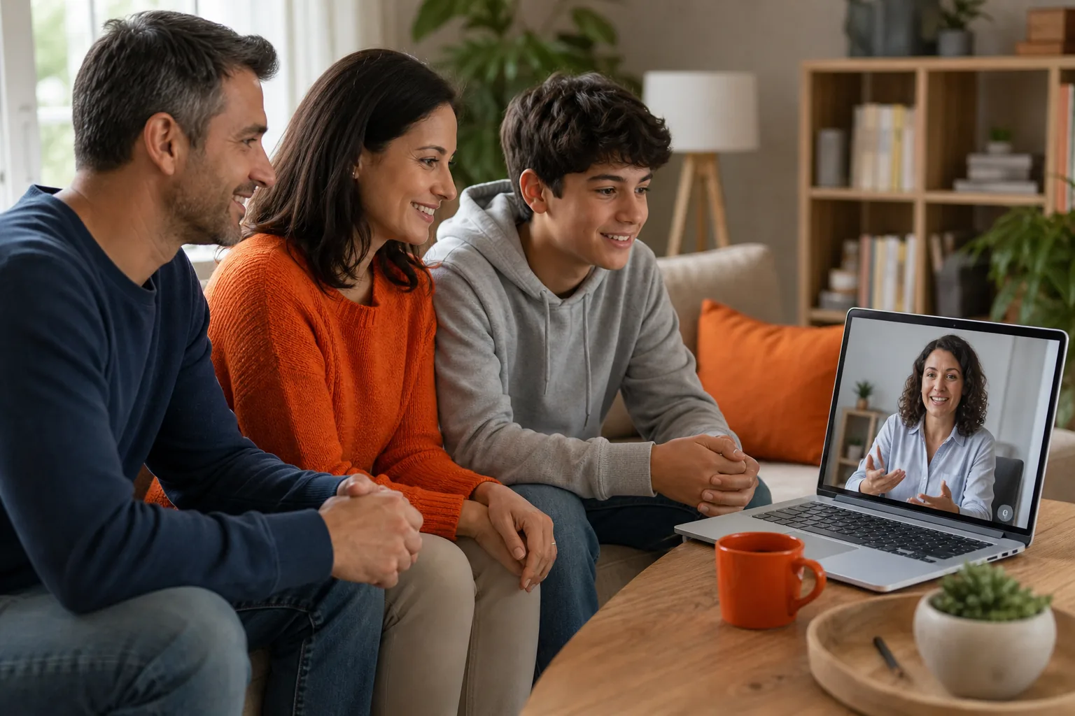 Family therapy session with teen and parents, showing cooperation and calm interaction.